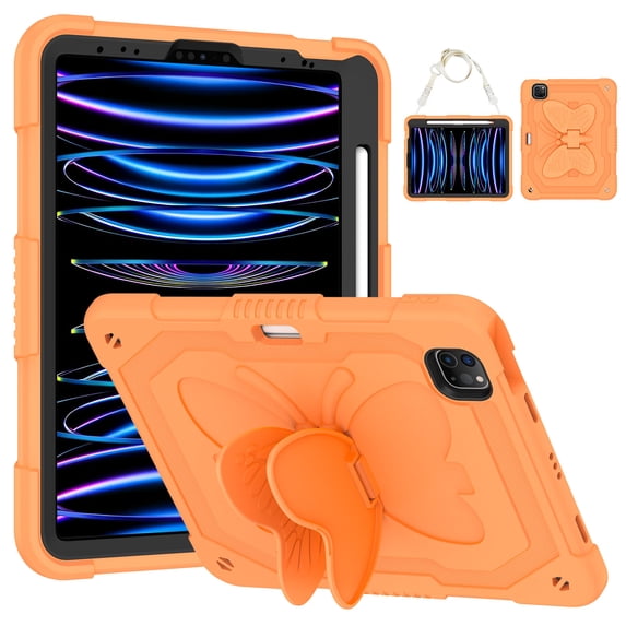 FJLBDE Case for iPad Pro 11 (M4) 2024 with Butterfly Stand, Shockproof Protective Tablet Cover with Shoulder Strap for Kids Girls, Orange