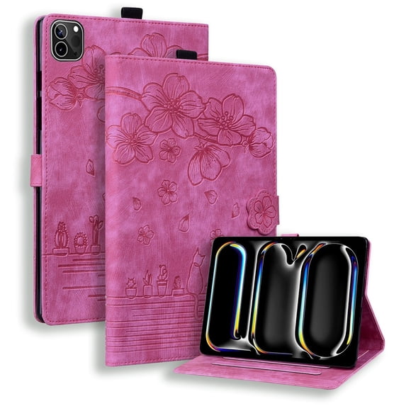 Case for iPad Pro 11 (M4/M5) 2024/2025 with Stand, Card Slot, Auto Wake/Sleep, Embossed Cat PU Leather Cover, Rose