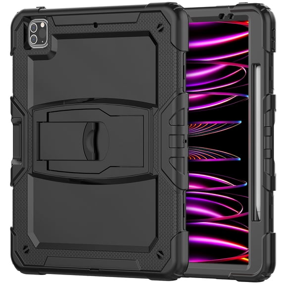 FJLBDE Case for iPad Pro 12.9 2022/2021/2020/2018 6th/5th/4th/3rd Gen, Rugged Shockproof Tablet Cases Cover with Kickstand Shoulder Strap, Black