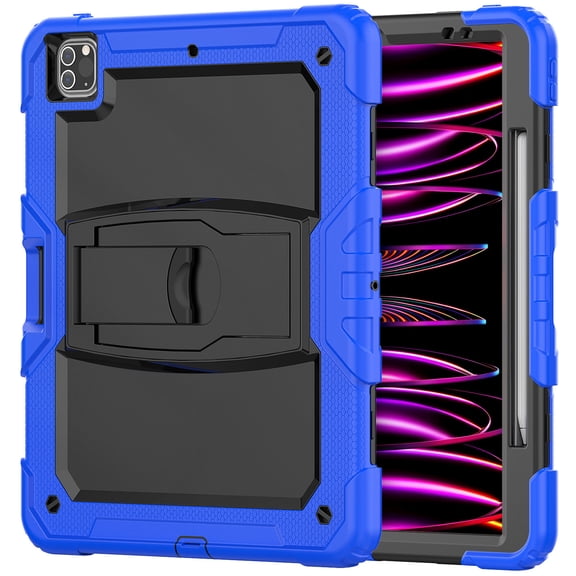 Case for iPad Pro 12.9 2022/2021/2020/2018 6th/5th/4th/3rd Gen, Rugged Shockproof Tablet Cases Cover with Kickstand Shoulder Strap, Blue