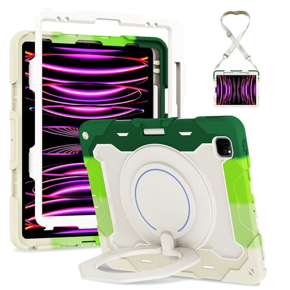 FJLBDE Case for iPad Pro 12.9 inch 2022/2021/2020/2018 with 360 Kickstand, Shoulder Strap Carrying Protective Cover, Multicolor Green
