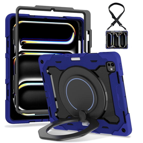 FJLBDE Case for iPad Pro 13 Inch (M5) 2025 / (M4) 2024 with 360 Kickstand, Shoulder Strap Carrying Protective Cover, Navy Blue