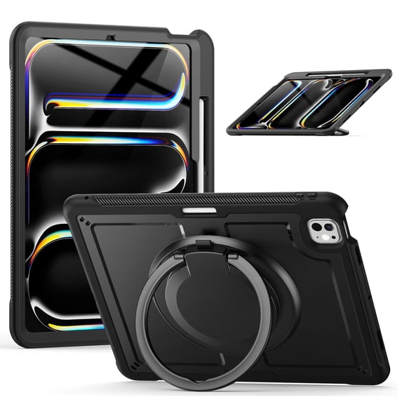 Case for iPad Pro 13 (M4/M5) 2024/2025 with 360 Rotating Stand, Shoulder Strap, Heavy Duty Shockproof Cover, Black