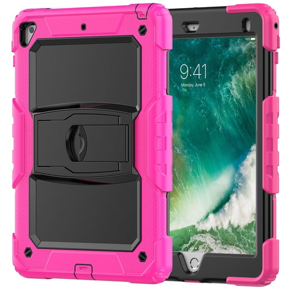 FJLBDE Case for iPad 6th / 5th Gen (2018 2017) / iPad Air 2 / iPad Pro 9.7 inch, Rugged Shockproof Tablet Cases Cover with Kickstand Shoulder Strap, Rose