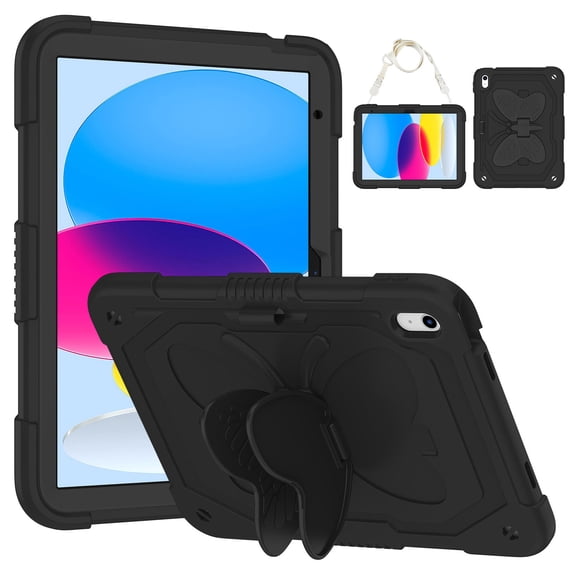 FJLBDE Case for iPad (A16) 11th Gen 2025/10th Gen 2022 10.9 Inch with Butterfly Stand, Heavy Duty Rugged Protective Cover with Pencil Holder Shoulder Strap for Kids Girls, Black