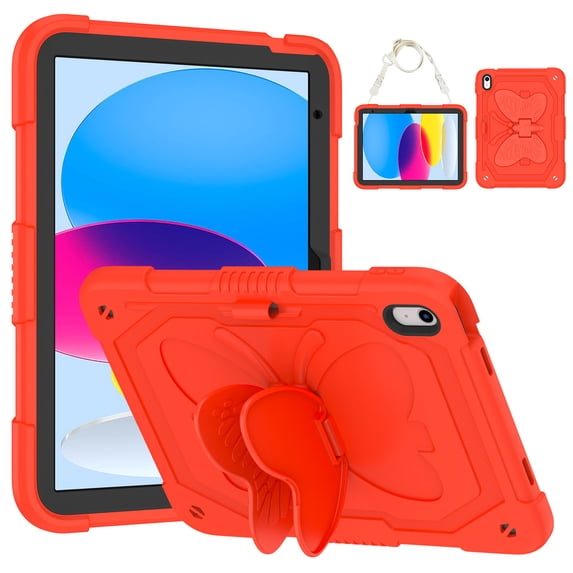 FJLBDE Case for iPad (A16) 11th Gen 2025/10th Gen 2022 10.9 Inch with Butterfly Stand, Heavy Duty Rugged Protective Cover with Pencil Holder Shoulder Strap for Kids Girls, Red