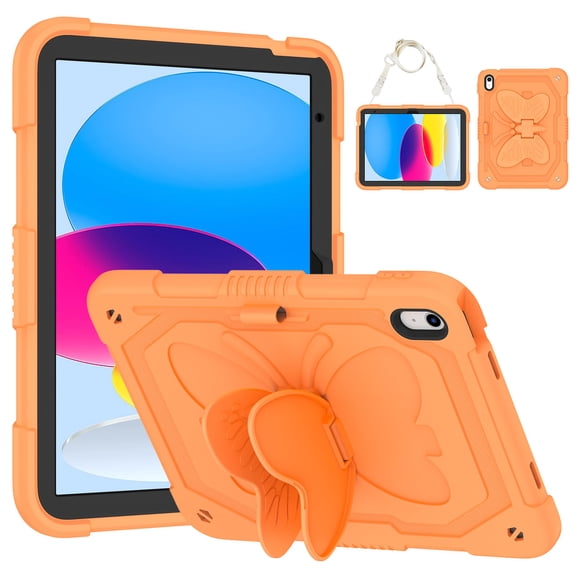 FJLBDE Case for iPad (A16) 11th Gen 2025/10th Gen 2022 10.9 Inch with Butterfly Stand, Shockproof Protective Tablet Cover with Pencil Holder Shoulder Strap for Kids Girls, Orange