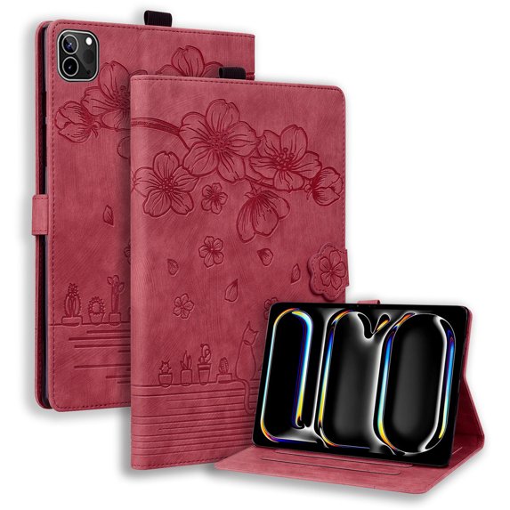 Case for iPad Air 11 (M3 2025 / M2 2024) iPad Air 4 & 5 10.9 inch (2020/2022) with Stand, Card Slot, Auto Wake/Sleep, Embossed Cat PU Leather Folio Cover with Pen Holder, Red