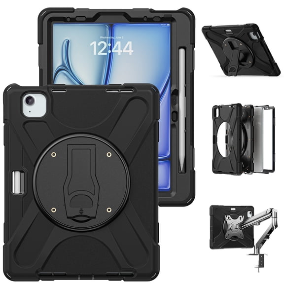 Case for iPad Air 11 inch M4/M3/M2, iPad Air 5th/4th Gen 10.9 inch, Shockproof Protective Tablet Cover with Mounting Holes, Wall Mount and Stand, Black