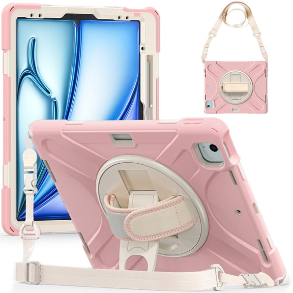For iPad Air 13 inch / iPad Pro 12.9 inch 6th/ 5th/ 4th/ 3rd Case, 360 Hand Strap, Shoulder Strap, Kickstand, Rugged Drop Protection, Cherry Pink