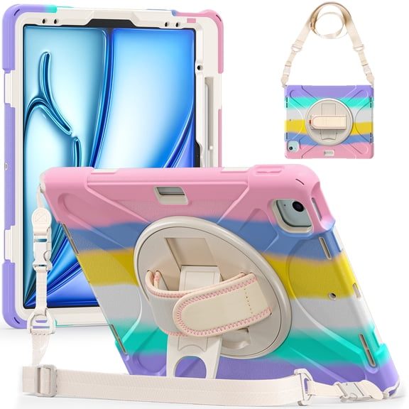 For iPad Air 13 inch / iPad Pro 12.9 inch 6th/ 5th/ 4th/ 3rd Case, 360 Hand Strap, Shoulder Strap, Kickstand, Rugged Drop Protection, Colourful Pink