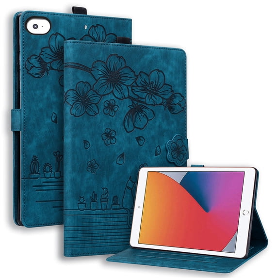 FJLBDE Case for iPad Mini 1/2/3/4/5 7.9 inch (5th/4th/3rd/2nd/1st) with Stand, Card Slot, Auto Wake/Sleep, Embossed Cat PU Leather Cover, Blue