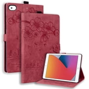 Case for iPad Mini 1/2/3/4/5 7.9 inch 5th/4th/3rd/2nd/1st with Stand, Card Slot, Auto Wake/Sleep, Embossed Cat PU Leather Cover, Red