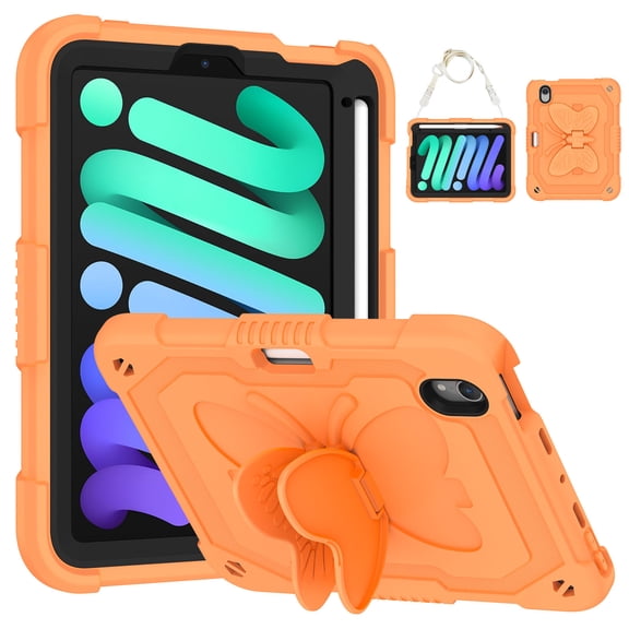 FJLBDE Case for iPad Mini 7 A17 Pro 2024/Mini 6 2021 8.3 Inch 7th/6th Gen with Butterfly Stand, Shockproof Protective Tablet Cover with Pencil Holder Shoulder Strap for Kids Girls, Orange