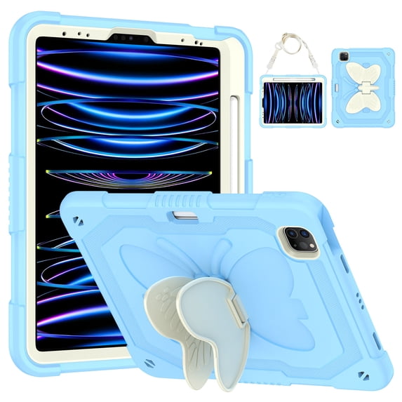 FJLBDE Case for iPad Pro 11 Inch 2022/2021/2020/2018 with Butterfly Stand, Shockproof Protective Tablet Cover with Shoulder Strap for Kids Girls, Beige Blue