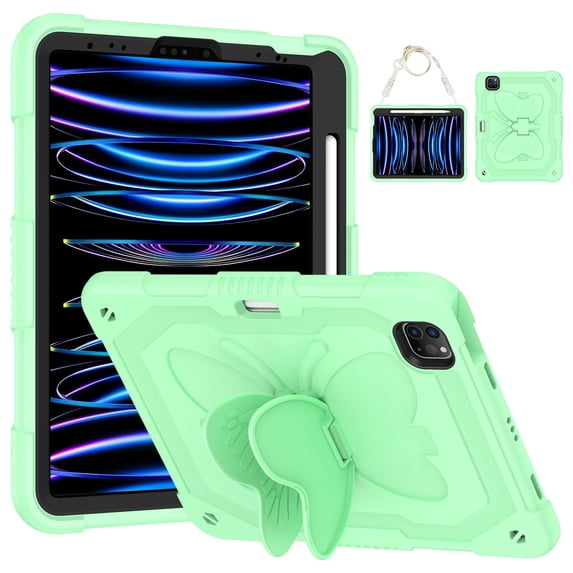FJLBDE Case for iPad Pro 11 Inch 2022/2021/2020/2018 with Butterfly Stand, Shockproof Protective Tablet Cover with Shoulder Strap for Kids Girls, Green