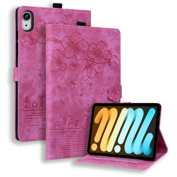FJLBDE Case for iPad mini 7 A17 Pro 2024/Mini 6 2021 8.3 Inch with Stand, Card Slot, Auto Wake/Sleep, Embossed Flower PU Leather Folio Magnetic Cover with Pen Holder, Rose