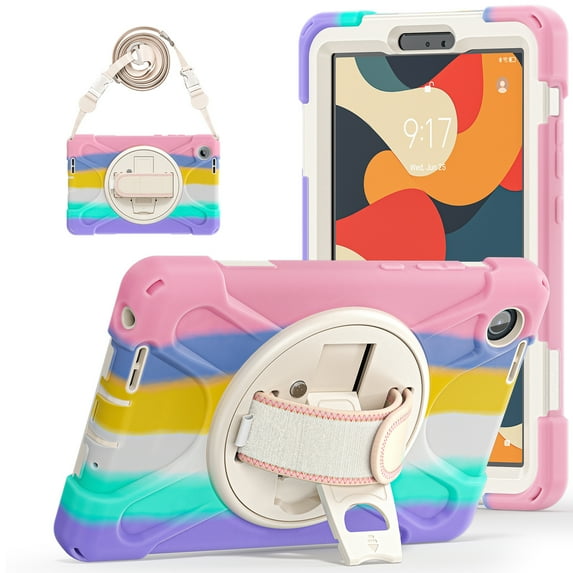 For Lenovo Tab One 8.7 inch/Tab K9 2025 Case TB305XU/TB305FU, 360 Hand Strap, Shoulder Strap, Kickstand, Rugged Drop Protection, Colourful Pink