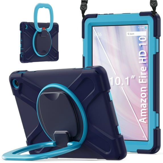 For Fire HD 10 Tablet 13th Generation 2023 Release Case, 360 Rotatable Handle Stand, Shoulder Strap, Drop-Proof Design, NavyBlue Blue