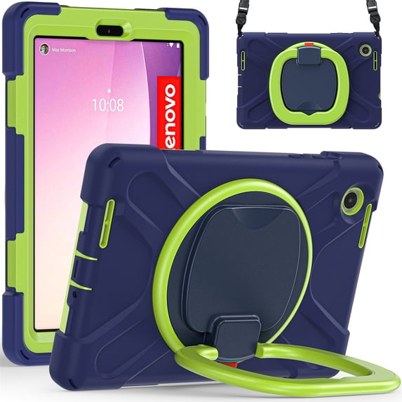 for Lenovo Tab M8 4th Gen 8.0 inch 2023 Release TB-300FU Case, 360 Rotatable Handle Stand, Shoulder Strap, Drop-Proof Design, NavyBlue Lime