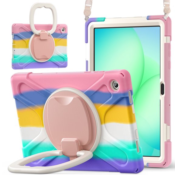 For Samsung Galaxy Tab A11+/ Tab A9+ 11 inch Case, 360 Rotatable Handle Stand, Shoulder Strap, Drop-Proof Design, Colourful Pink