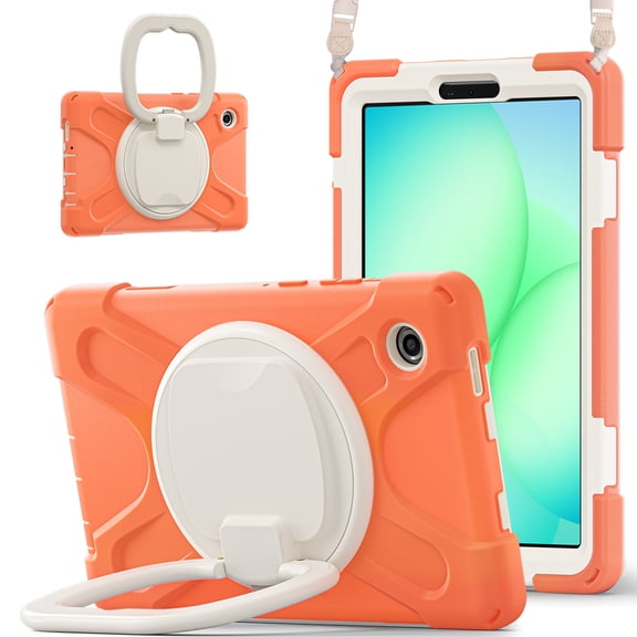 For Samsung Galaxy Tab A11/ Tab A9 8.7 inch Case, 360 Rotatable Handle Stand, Shoulder Strap, Drop-Proof Design, Coral Orange