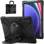 for Samsung Galaxy Tab S10 Ultra/S9 Ultra/S8 Ultra 14.6 inch Case, 360 Rotatable Handle Stand, Shoulder Strap, Drop-Proof Design, Black