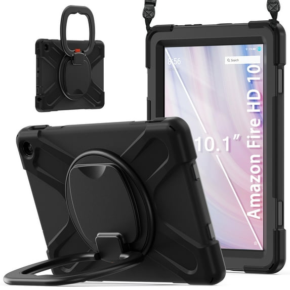 For Fire HD 10 Tablet 13th Generation 2023 Release Case, 360 Rotatable Handle Stand, Shoulder Strap, Drop-Proof Design, Black