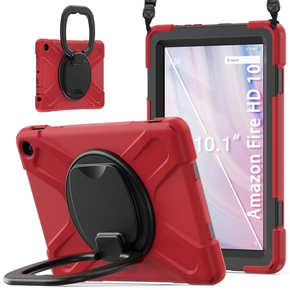 For Fire HD 10 Tablet 13th Generation 2023 Release Case, 360 Rotatable Handle Stand, Shoulder Strap, Drop-Proof Design, Red