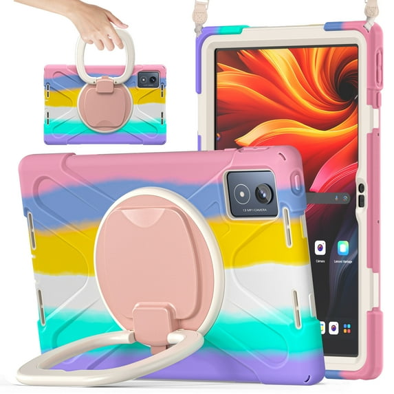 For Lenovo Tab K11 Plus 11.5 Inch 2024 Case, 360 Rotatable Handle Stand, Shoulder Strap, Drop-Proof Design, Colourful Pink