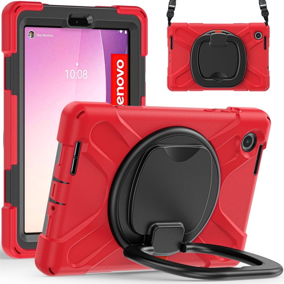 for Lenovo Tab M8 4th Gen 8.0 inch 2023 Release TB-300FU Case, 360 Rotatable Handle Stand, Shoulder Strap, Drop-Proof Design, Red