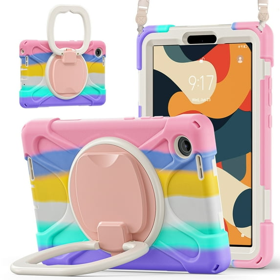 For Lenovo Tab One 8.7 inch/K9 TB305FU 2025 Case, 360 Rotatable Handle Stand, Shoulder Strap, Drop-Proof Design, Colourful Pink