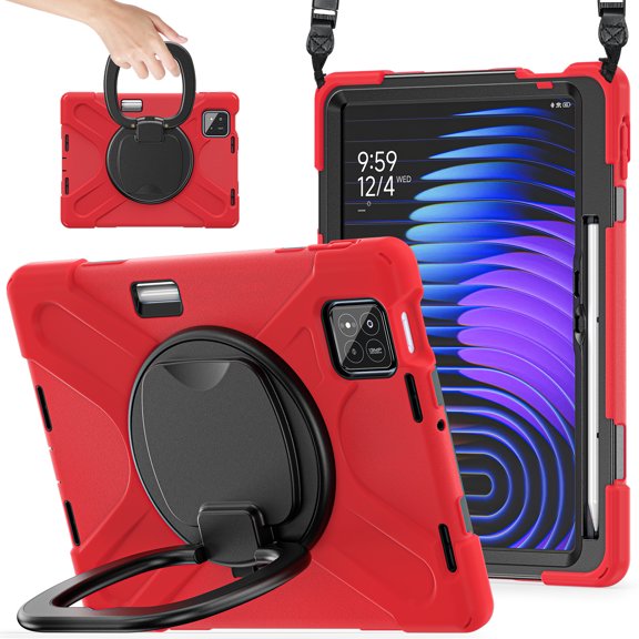 For Xiaomi Pad 7 Pro/ Xiaomi Pad 8 Pro 11.2 inch Case, 360 Rotatable Handle Stand, Shoulder Strap, Drop-Proof Design, Red
