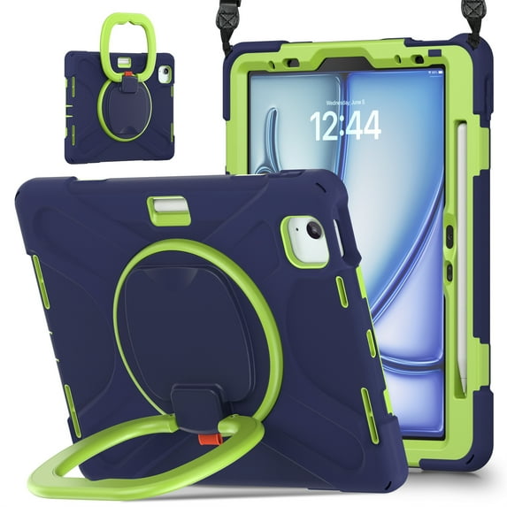 For iPad Air 11 inch M3 2025/M2 2024 Case, 360 Rotatable Handle Stand, Shoulder Strap, Drop-Proof Design, NavyBlue Lime
