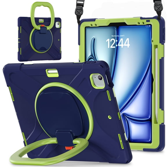 For iPad Air 13 inch M3 2025/M2 2024 Case, 360 Rotatable Handle Stand, Shoulder Strap, Drop-Proof Design, NavyBlue Lime