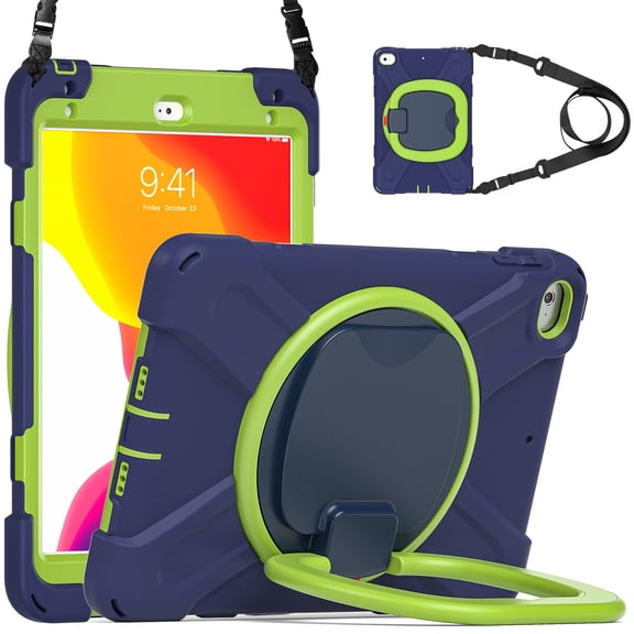 For iPad Mini 5/4 Generation 7.9 inch Case, 360 Rotatable Handle Stand, Shoulder Strap, Drop-Proof Design, NavyBlue Lime