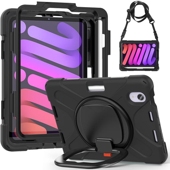 For iPad Mini 7th/6th Generation 8.3 inch 2024/2021 Case, 360 Rotatable Handle Stand, Shoulder Strap, Drop-Proof Design, Black