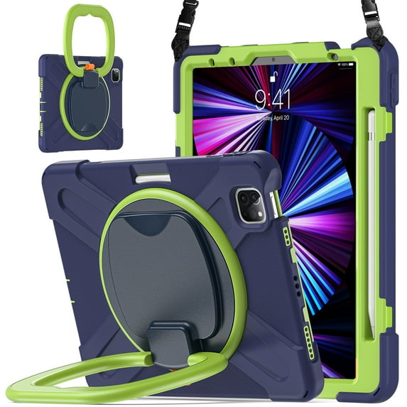 For iPad Pro 11 inch 2022/2021/2020/2018 Case, 360 Rotatable Handle Stand, Shoulder Strap, Drop-Proof Design, NavyBlue Lime