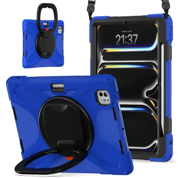 For iPad Pro 11 inch M5 2025/M4 2024 Case, 360 Rotatable Handle Stand, Shoulder Strap, Drop-Proof Design, Blue