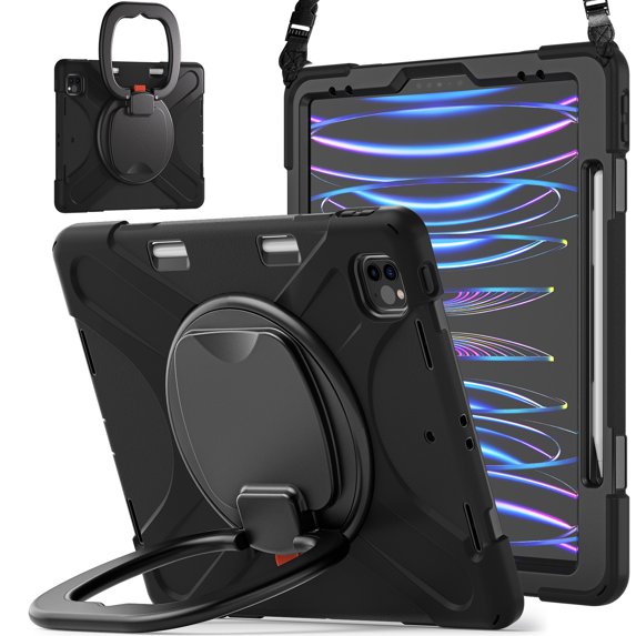 For iPad Pro 12.9 inch 2022/2021/2020/2018 Case, 360 Rotatable Handle Stand, Shoulder Strap, Drop-Proof Design, Black