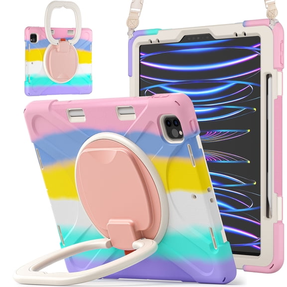 For iPad Pro 12.9 inch 2022/2021/2020/2018 Case, 360 Rotatable Handle Stand, Shoulder Strap, Drop-Proof Design, Colourful Pink
