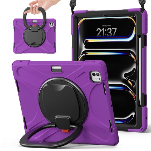 For iPad Pro 13 inch M5 2025/M4 2024 Case, 360 Rotatable Handle Stand, Shoulder Strap, Drop-Proof Design, Purple