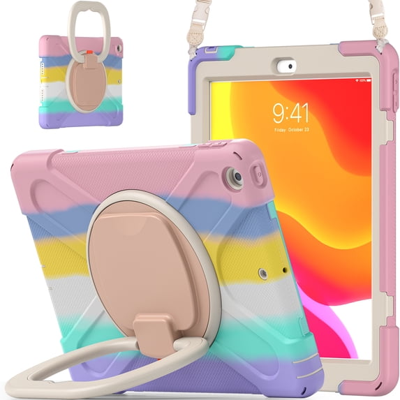 For iPad 9th/8th/7th Gen 10.2 inch 2021/2020/2019 Case, 360 Rotatable Handle Stand, Shoulder Strap, Drop-Proof Design, Colourful Pink