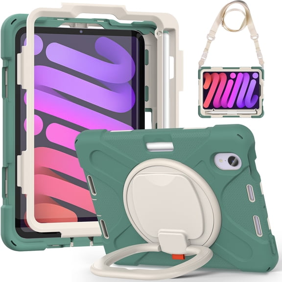 For iPad Mini 7th/6th Generation 8.3 inch 2024/2021 Case, 360 Rotatable Handle Stand, Shoulder Strap, Drop-Proof Design, Emerald Green