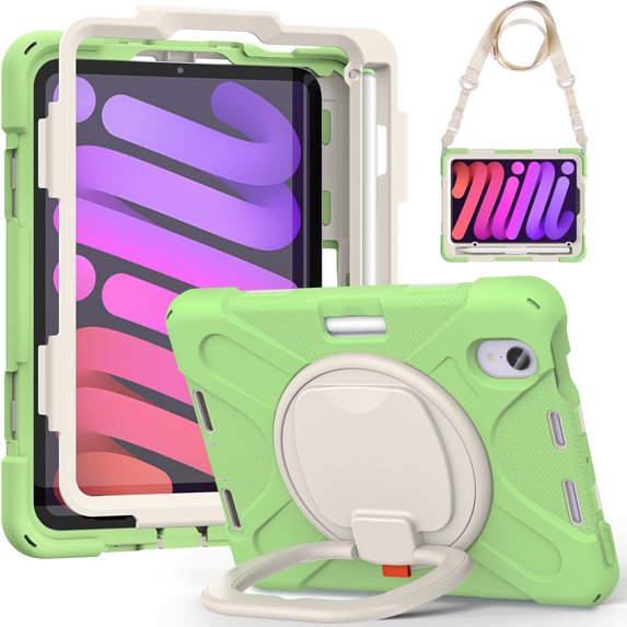 For iPad Mini 7th/6th Generation 8.3 inch 2024/2021 Case, 360 Rotatable Handle Stand, Shoulder Strap, Drop-Proof Design, Matcha Green