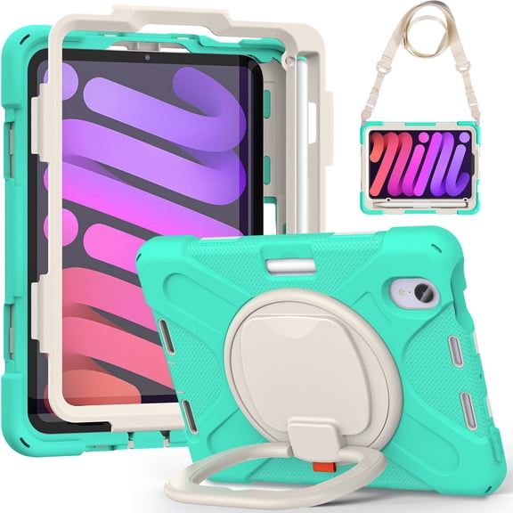 for iPad Mini 7th/6th Generation 8.3 inch 2024/2021 Case, 360 Rotatable Handle Stand, Shoulder Strap, Drop-Proof Design, Mint Green