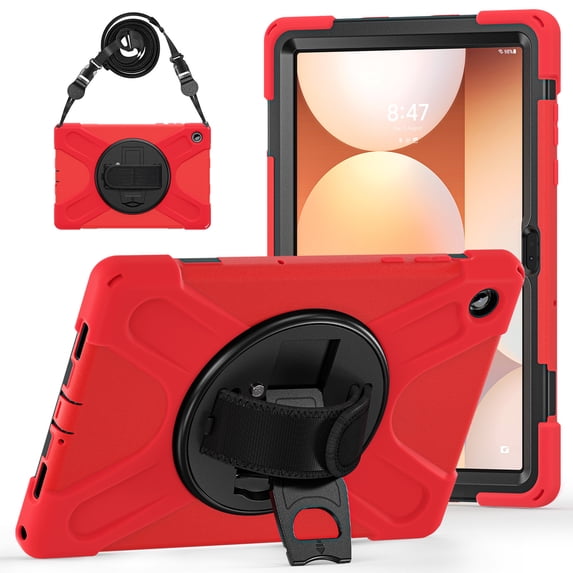 For Samsung Galaxy Tab A11+ 2025/Tab A9+ 2023 Case 11 inch (SM-X310/X315/ SM-X210/X216), 360 Hand Strap, Shoulder Strap, Kickstand, Rugged Drop Protection, Red