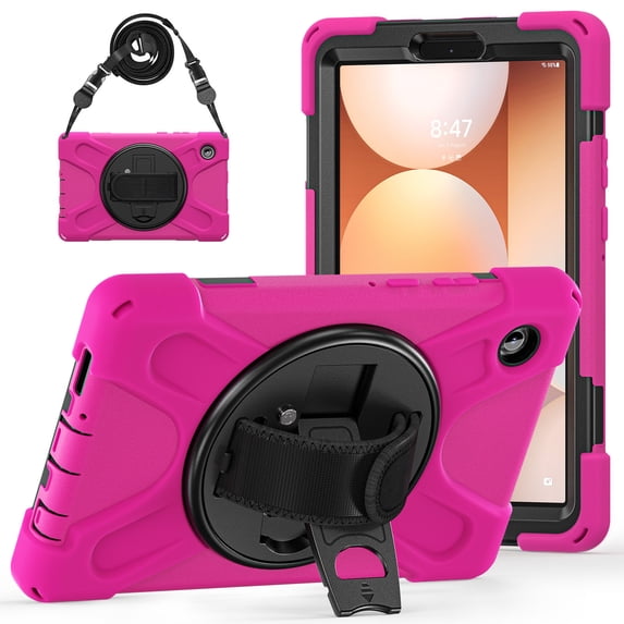 For Samsung Galaxy Tab A11 2025/Tab A9 2023 Case 8.7 inch (SM-X133/X135/ SM-X110/X115), 360 Hand Strap, Shoulder Strap, Kickstand, Rugged Drop Protection, Rose