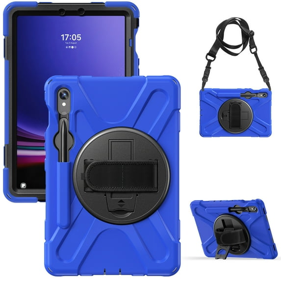 For Samsung Galaxy Tab S10 Lite/S10 FE/S9 FE/S9 Case 10.9 inch SM-X406/SM-X520/SM-X510/SM-X710, 360 Hand Strap, Shoulder Strap, Kickstand, Rugged Drop Protection, Blue