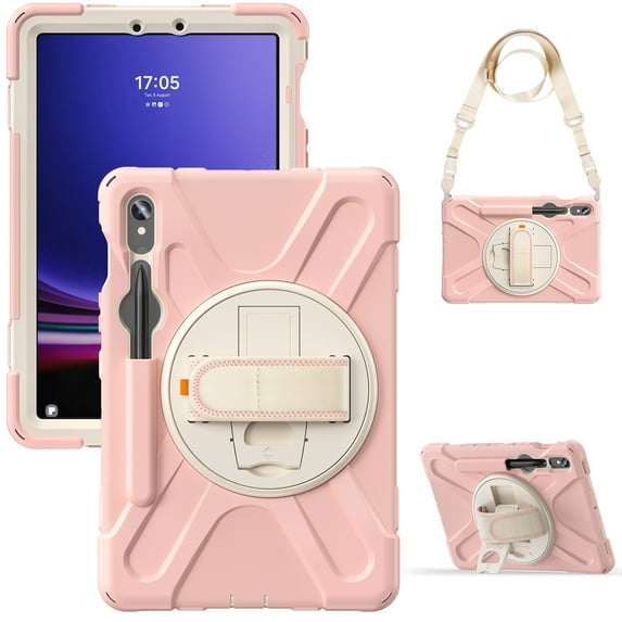 For Samsung Galaxy Tab S10 Lite/S10 FE/S9 FE/S9 Case 10.9 inch SM-X406/SM-X520/SM-X510/SM-X710, 360 Hand Strap, Shoulder Strap, Kickstand, Rugged Drop Protection, Cherry Pink